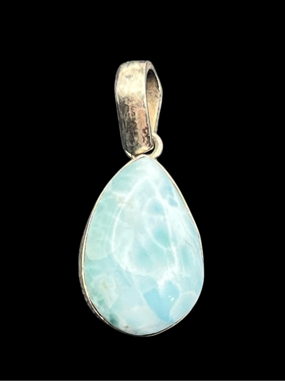 Blue larimar teardrop stone sterling silver bezel set pendant for necklace